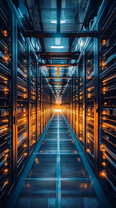 A narrow corridor in a modern datacenter, lined floor to ceiling with server racks glowing amber and blue.